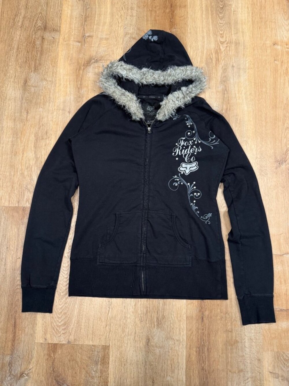 Y2K Fox Racing Mall Goth Black Hoodie Jacket W/ Faux Fur Hood XL